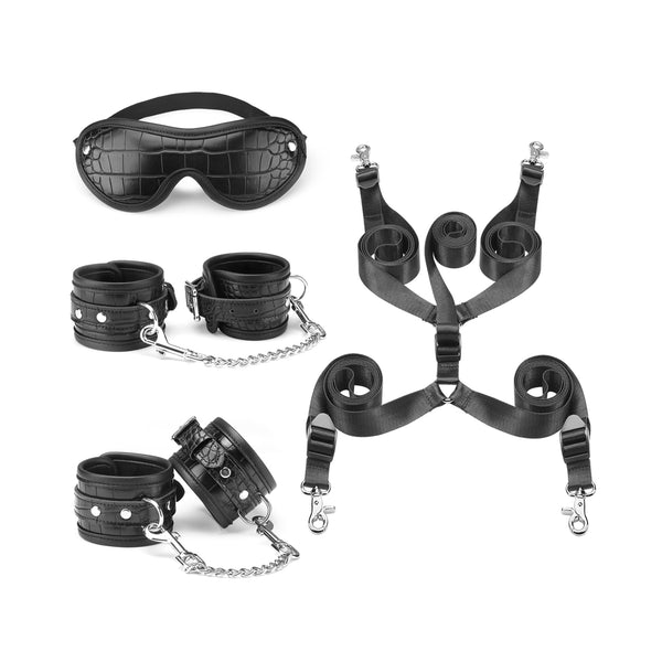 LIEBE SEELE Temptation Under Bed Mattress Restraint Kit with faux crocodile leather blindfold, wrist cuffs, ankle cuffs, and webbing belt for BDSM play