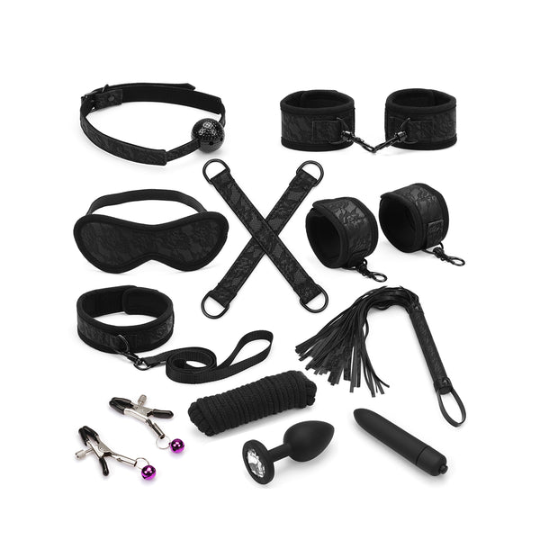 Complete beginner's bondage kit with black lace design including wrist and ankle restraints, collar, blindfold, hogtie, flogger, shibari rope, nipple clamps, ball gag, butt plug, and bullet vibrator.