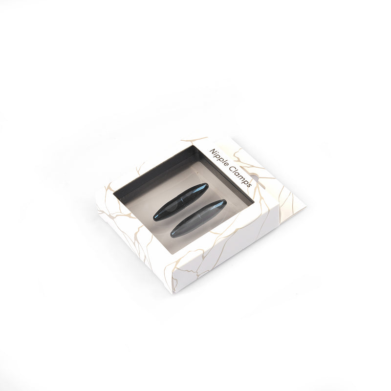 Magnetic Nipple Clamps by LIEBE SEELE in marbled white package showcasing sleek black design, model NC-80876BK