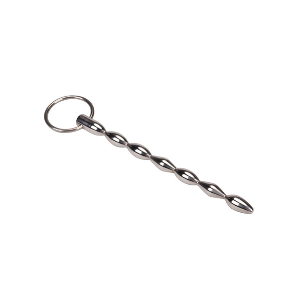 Stainless steel urethral sound with beaded rod and control ring, 15cm long, for advanced urethral play and stimulation