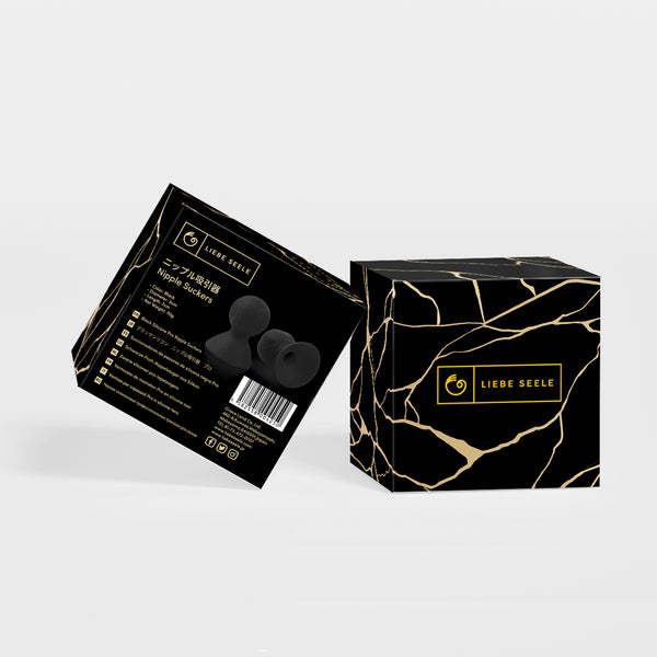 LIEBE SEELE Silicone Nipple Suckers with black and gold marbled packaging highlighting eco-friendly and product specifications.