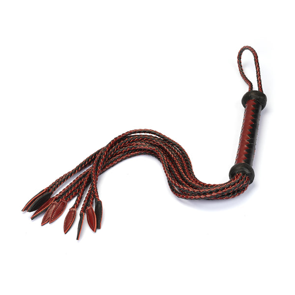 Wine red leather cat o' nine tails whip with braided handle and leather fronds for bondage play