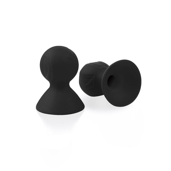 Black silicone nipple suckers for vacuum nipple play, eco-friendly and reusable, displayed on a white background