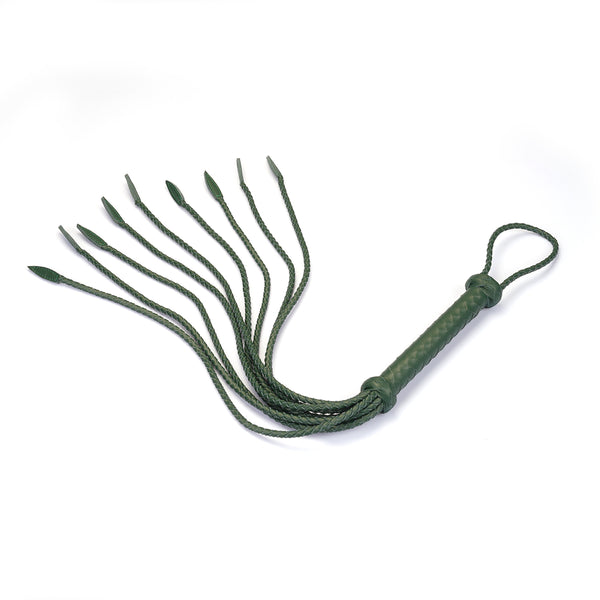 Dark green leather Cat O Nine Tails whip with sturdy handle and braided tails for BDSM play and collection