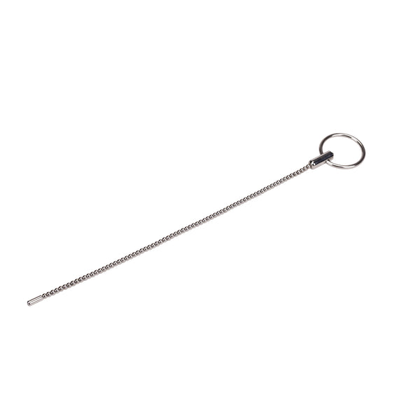 Stainless steel urethral sound for advanced urethral play, 26cm long with beaded sounding rod and big ring for easy handling