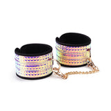 Holographic purple wrist cuffs with rose gold chain from beginner's bondage kit