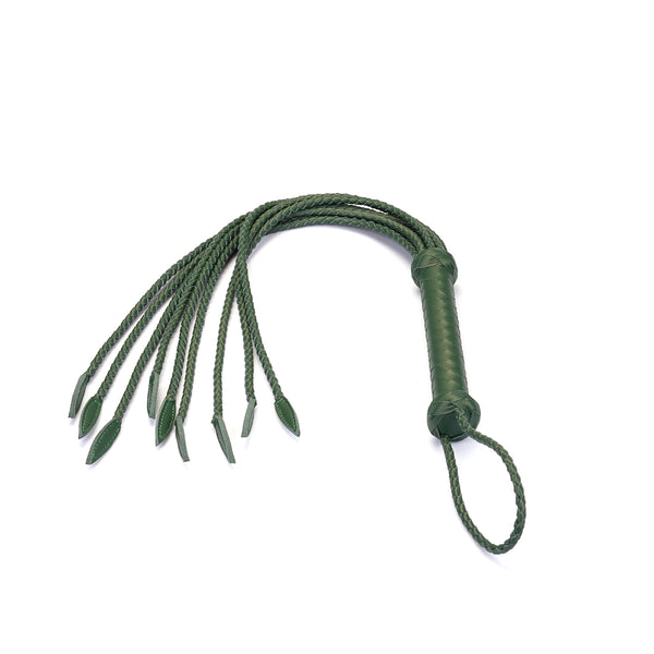 Dark green leather Cat O Nine Tails whip with braided handle and loop for hanging, designed for BDSM play