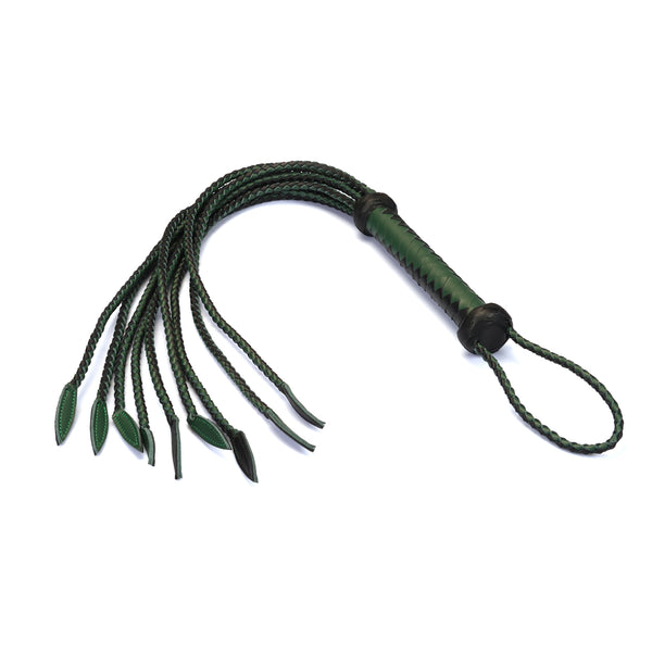 Dark green and black leather Cat O Nine Tails whip with sturdy handle and braided tails, ideal for BDSM play