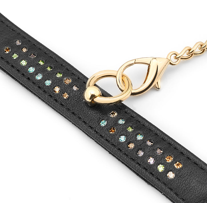 Shining Girl black leather wrist cuff with multi-colored gemstones and golden clasp from LIEBE SEELE