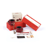 Kinbaku Ukiyo-e luxury red rosy lamb suede leather ankle cuffs with traditional Japanese art packaging, designed for an enhanced bondage aesthetic experience