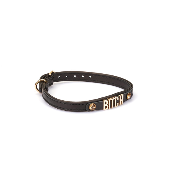 Black Italian leather choker with golden letters spelling BITCH adjustable with buckle