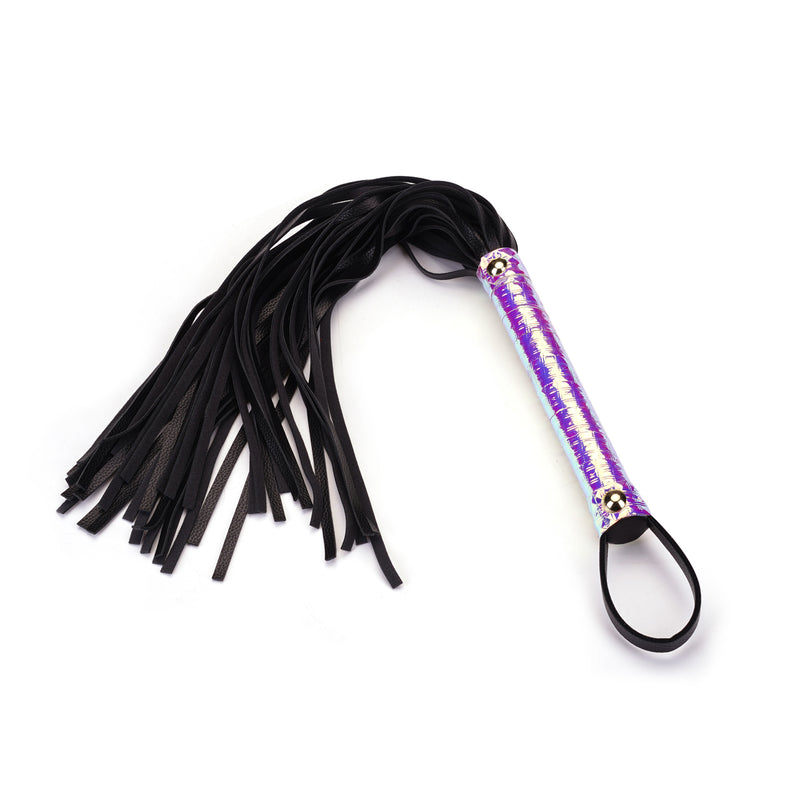 Glossy purple flogger with silver details and black strands from the Vivid Murasaki beginner's bondage kit
