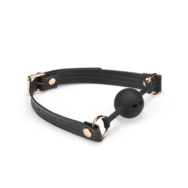 Black Breathable Silicone Ball Gag with Vegan Leather Straps and Golden Hardware from Dark Candy Collection