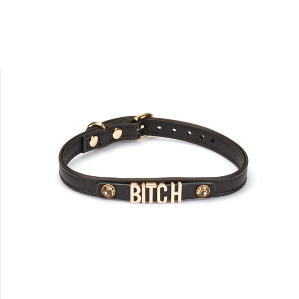 Black Italian leather choker with gold lettering spelling BITCH, adjustable buckle, from LIEBE SEELE.