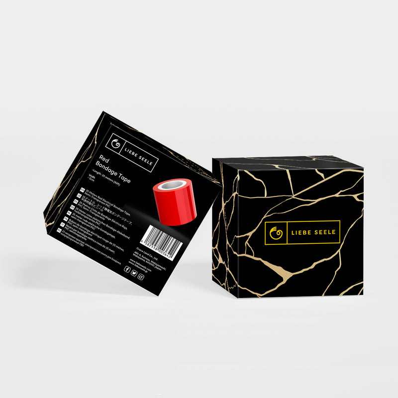 Red 25 meters electrical bondage tape by LIEBE SEELE with non-stick design and versatile usage for binding and gagging, displayed with packaging.