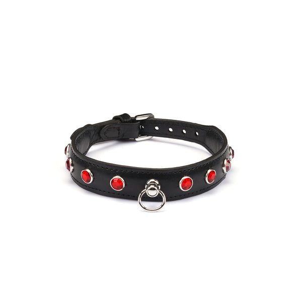 Liebe Seele premium leather choker with red gemstone accents and metal ring, SKU CL-80891BK