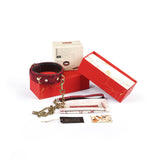 Kinbaku Ukiyo-e Luxury Red Rosy Lamb Suede Leather Collar displayed with traditional packaging, including golden chain and detailed artwork