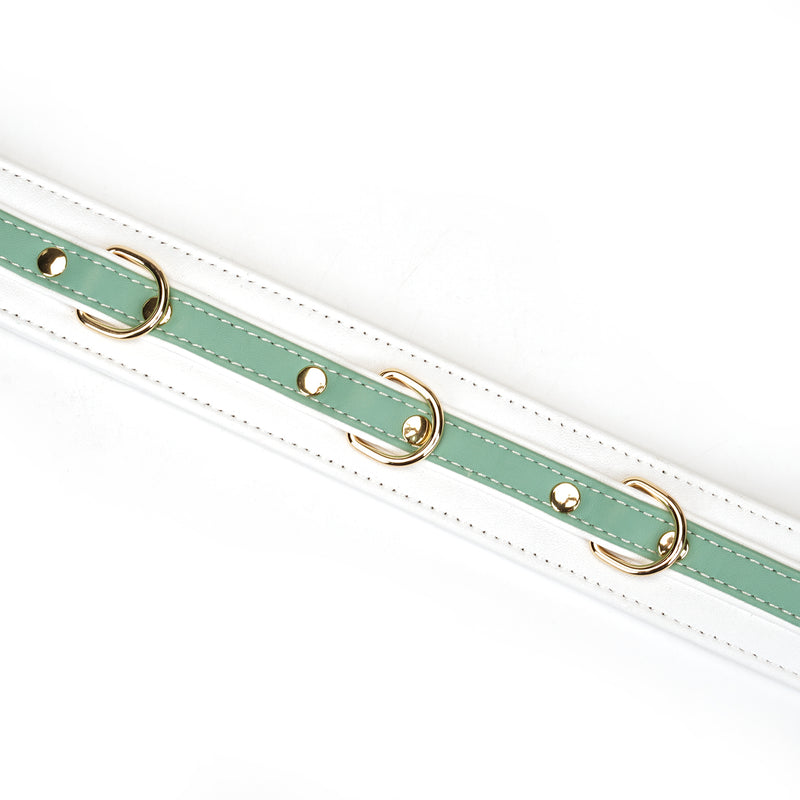 Luxurious white and mint green leather collar with gold D-rings from the Fairy collection, designed for BDSM and restraint play
