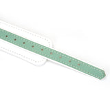 Premium white and green leather BDSM collar with gold buckle and adjustment holes for bondage play