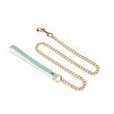 Premium mint green leather collar with gold chain leash, adjustable collar for BDSM play, elegant design from Liebe Seele Fairy collection