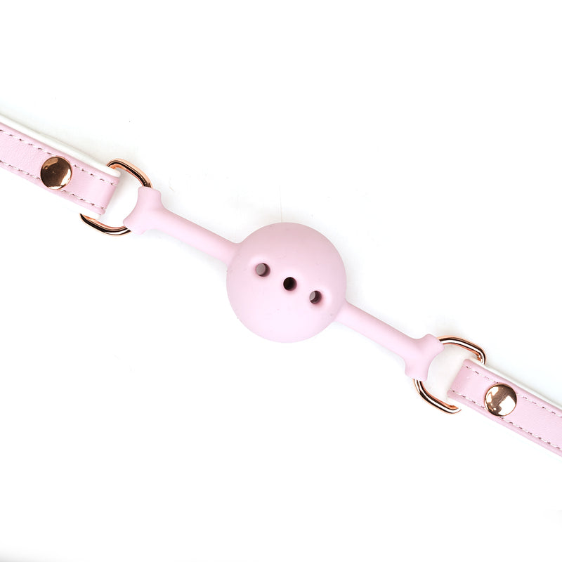 Pink and white breathable silicone ball gag with rose gold metal hardware from the Fairy BDSM collection