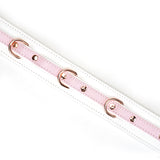 Close-up of a white and pink leather BDSM collar with rose gold accents from the Fairy collection, highlighting the premium build and adjustable features