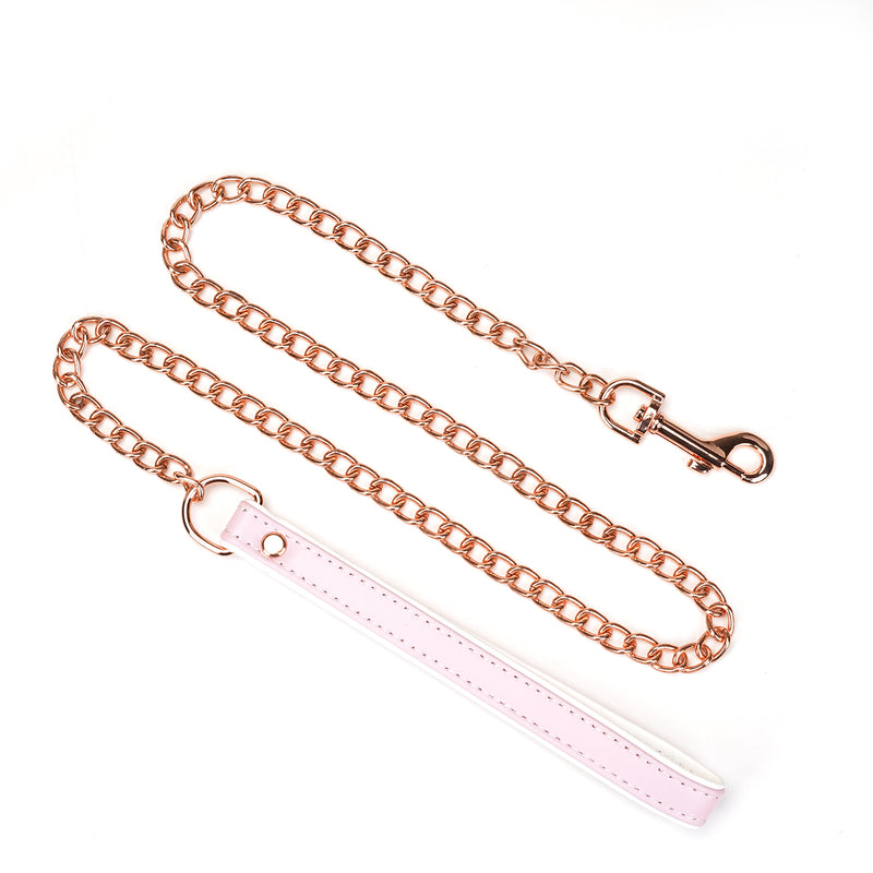 Pink and white leather bondage collar with rose gold chain leash from the Fairy collection, designed for BDSM play