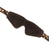 Eco-friendly vegan SM Cafe blindfold with plush velvet lining and adjustable cork strap with coffee pattern detail in dark brown