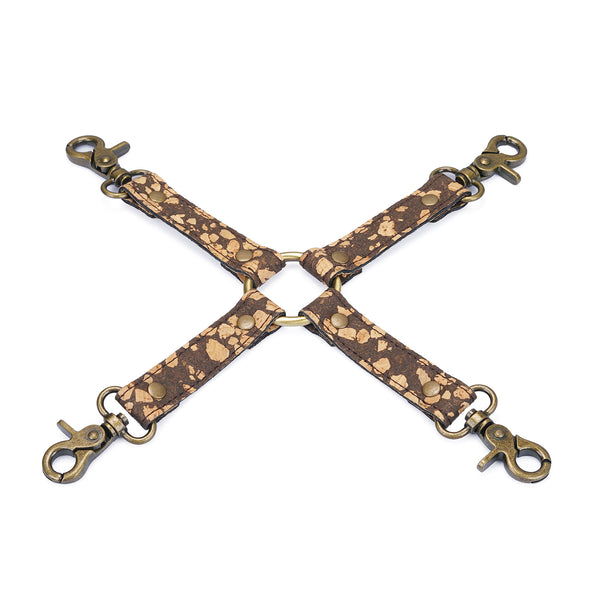 Eco-friendly vegan fetish SM Cafe hogtie with coffee grounds and cork material, featuring plush lining and antique bronze hardware