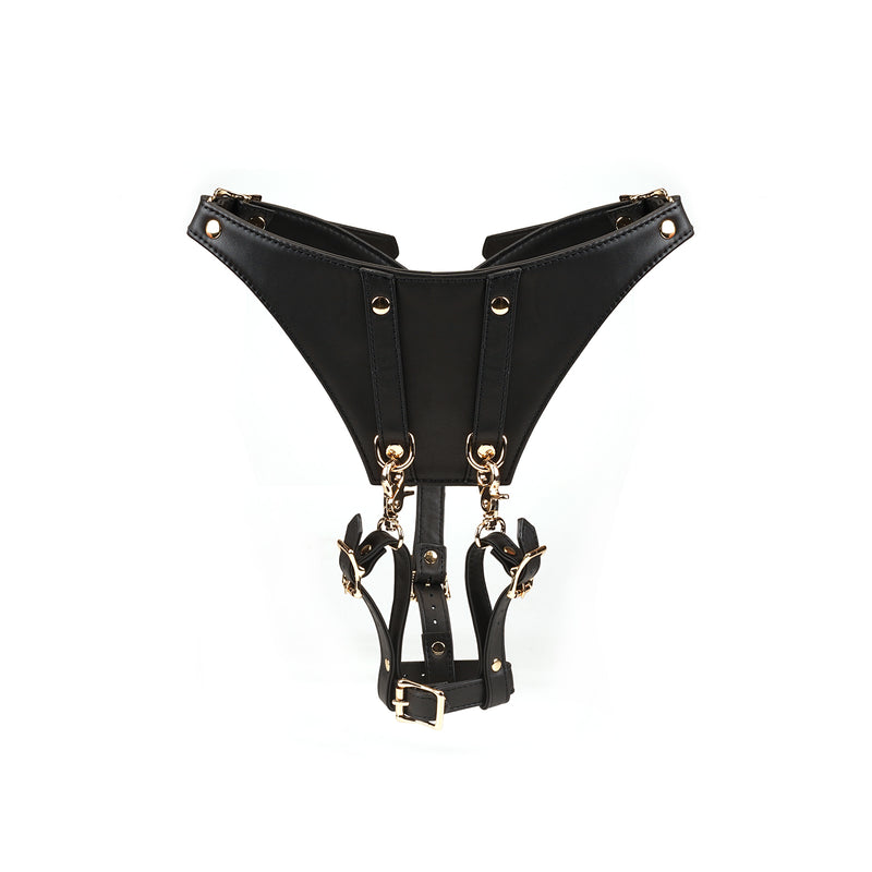 Dark Secret leather forced orgasm wand massager harness belt with gold hardware, part of BDSM luxury bondage gear collection