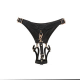 Black leather 'Forced Orgasm' wand massager harness belt with golden buckles for BDSM play, part of the Dark Secret collection