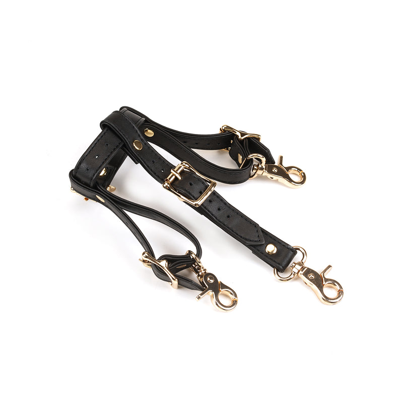 Premium black leather forced orgasm strap-on for BDSM, featuring gold buckles and quick-release clips, part of Dark Secret collection