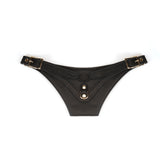 Premium black leather forced orgasm wand massager harness belt with golden buckles