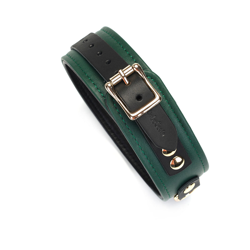 Mossy Chic Leather Collar from LIEBE SEELE featuring gold metal buckle and D-rings, in a luxurious dark green leather