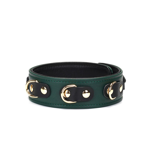 Mossy Chic Leather Collar with gold metal buckles, grommets, and D-rings for bondage play, partie of LIEBE SEELE's luxury bondage collection.