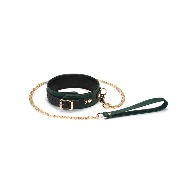 Luxurious Mossy Chic green leather slave collar with gold metallic leash, featuring adjustable buckle and multiple attachment rings