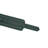 Mossy Chic leather ankle cuffs in green with gold hardware and adjustable straps for bondage play