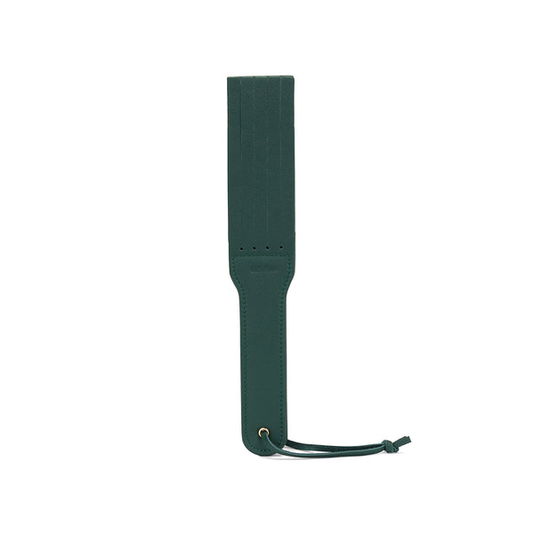 Mossy Chic Dual Sensation Leather Spanking Paddle in green, part of the luxury bondage gear collection for impact play.