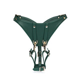 Mossy Chic green leather 'Forced Orgasm' wand massager harness with gold buckles and adjustable straps, luxurious BDSM strap-on