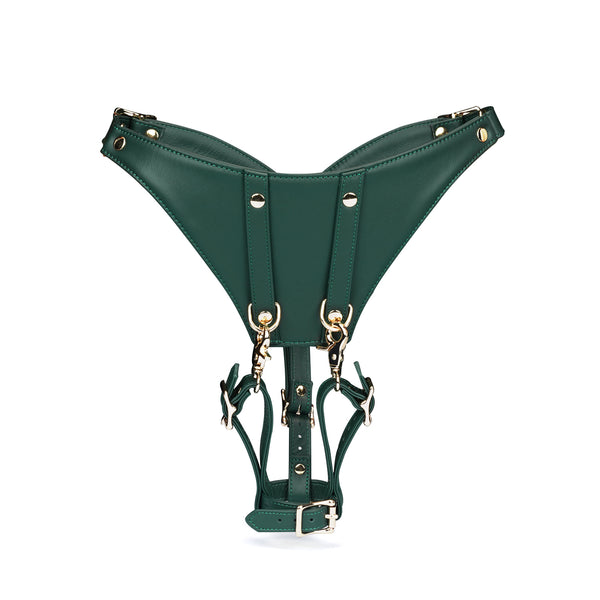 Mossy Chic green leather 'Forced Orgasm' wand massager harness with gold buckles and adjustable straps, luxurious BDSM strap-on