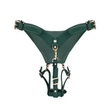Luxurious Mossy Chic green leather strap-on harness with gold buckles. Adjustable and designed for BDSM forced-orgasm play, part of opulent real leather collection.