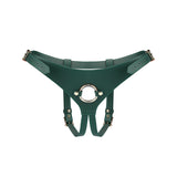 Mossy Chic leather strap-on harness with gold hardware and adjustable buckles for bondage play