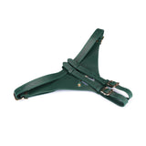 Mossy Chic green leather strap-on harness with adjustable gold buckles and 1.5 inch O-ring for pegging and premium bondage play