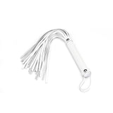 Fuji White leather flogger whip with slender dangling fronds and looped handle, ideal for beginner bondage play