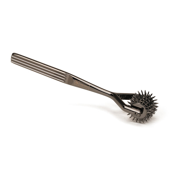 Stainless steel X-ROSE Five-Row Wartenberg Pinwheel in black finish for BDSM play, featuring multiple spiked wheels for intense sensory exploration