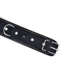 Black vegan leather bondage collar with silver buckle and adjustment holes, ideal for BDSM puppy play scenarios