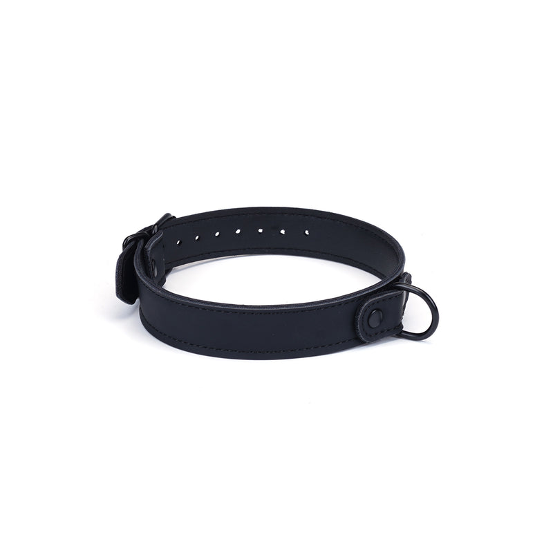 Vegan leather wrist-to-collar restraint featuring adjustable buckles and metal D-ring for bondage play