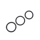 Three black O-rings in different sizes, compatible with vegan leather strap-on harness for pegging play