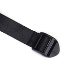 Close-up of black adjustable strap with buckle from vegan leather strap-on harness