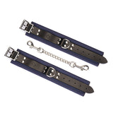 Cerulean Dominion:Blue leather handcuffs with silver hardware